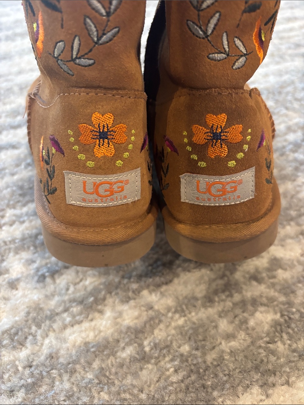 UGG Chestnut Suede Mid-Calf Boots with Colorful Floral Embroidery - Picture 2 of 6